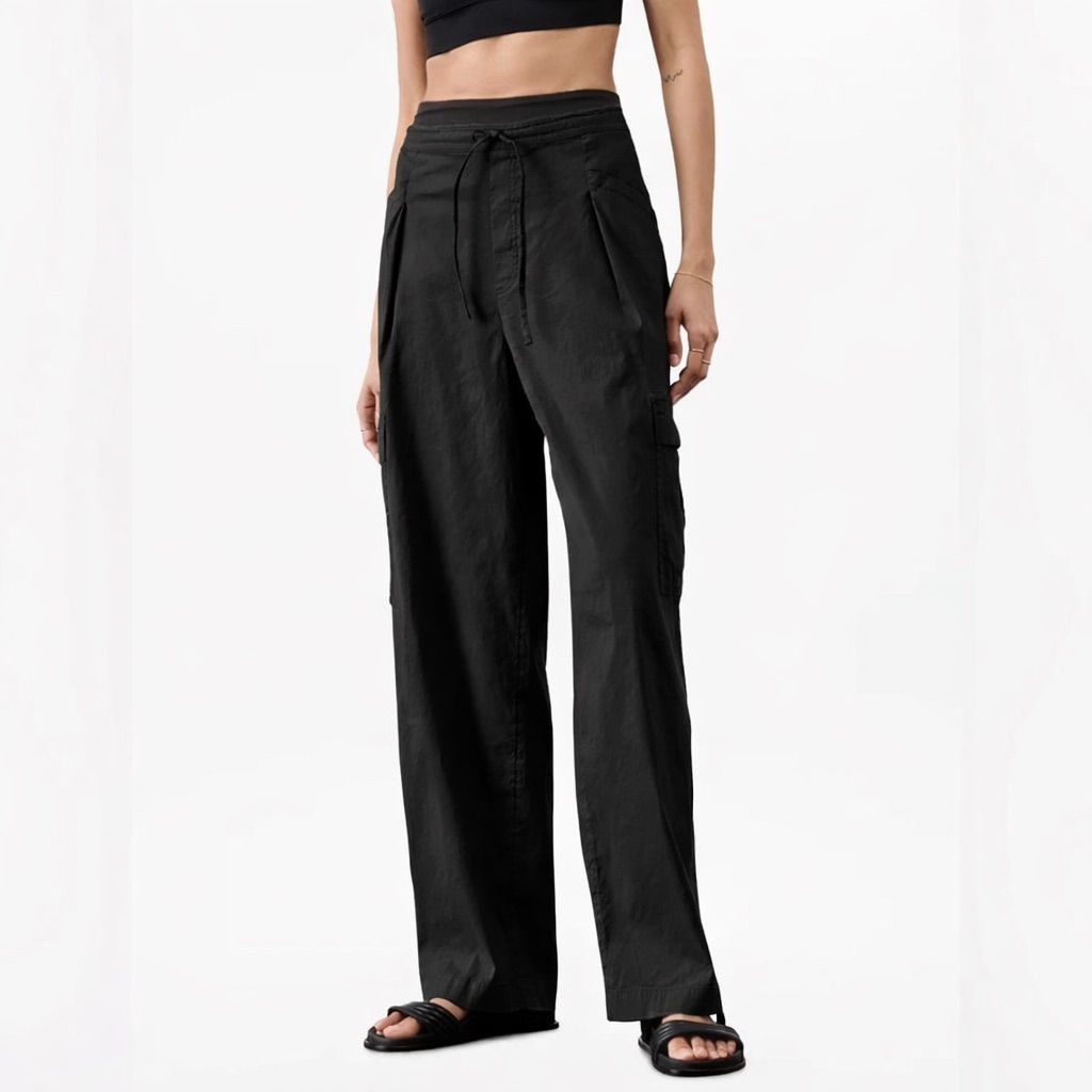 Athleta Paradise Straight Leg Cargo Pants Black Size S Nwt Linen Blend Wide Leg